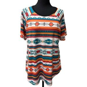 Southern Stitch Aztec Southwest Tribal Print Boho Top Orange Teal Large